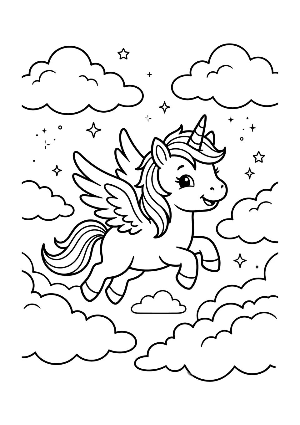 Desenho para colorir em preto e branco de um lindo bebê unicórnio com asas voando entre nuvens.