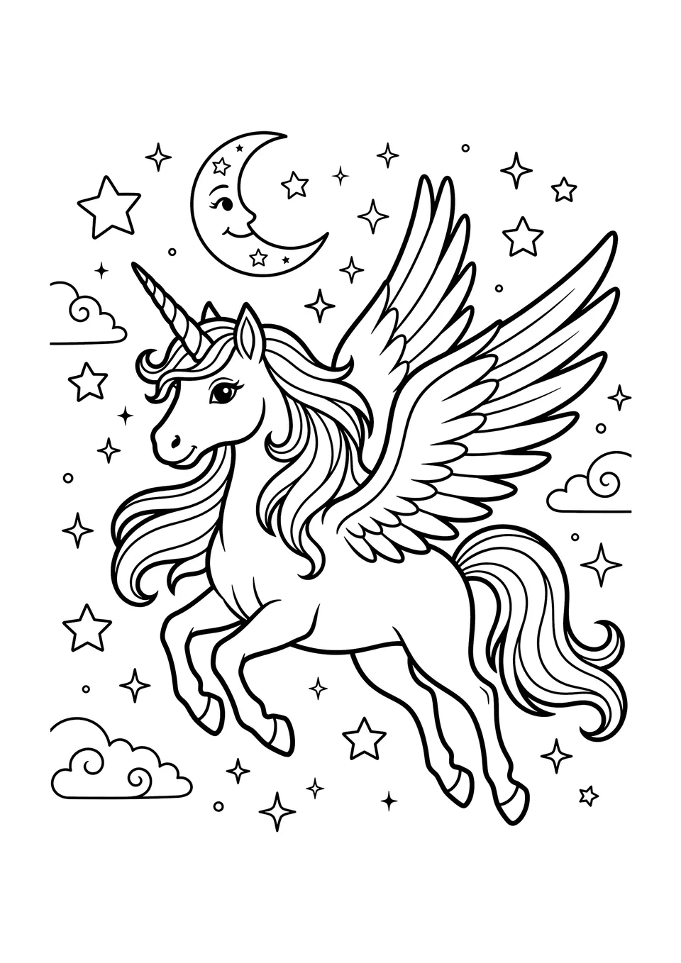 A printable black and white coloring page featuring a winged unicorn flying in a night sky filled with stars and a crescent moon.