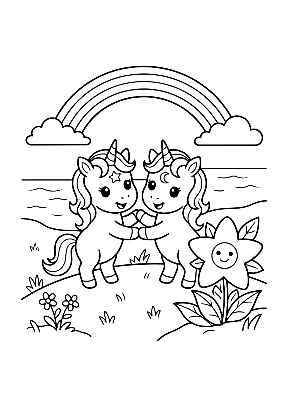 Desenho simples para colorir em preto e branco com traços lineares mostrando dois lindos unicórnios fofos no alto de uma colina, ao lado de uma flor em forma de estrela e uma ponte de arco-íris ao fundo.