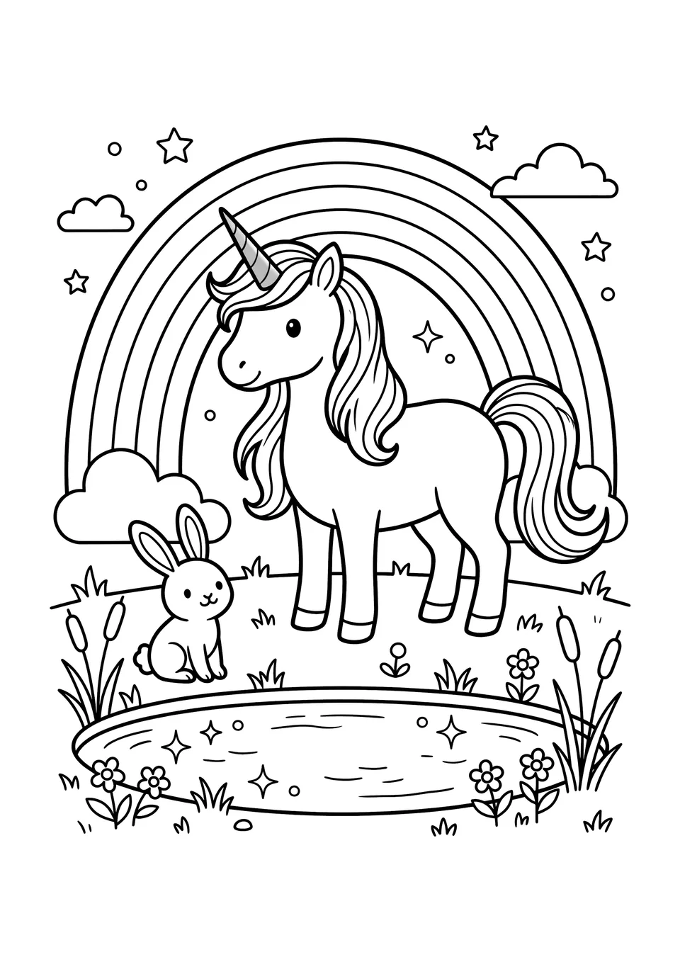 A black and white line art illustration of a cute unicorn and a small rabbit standing next to a large rainbow and a pond, ready for coloring.