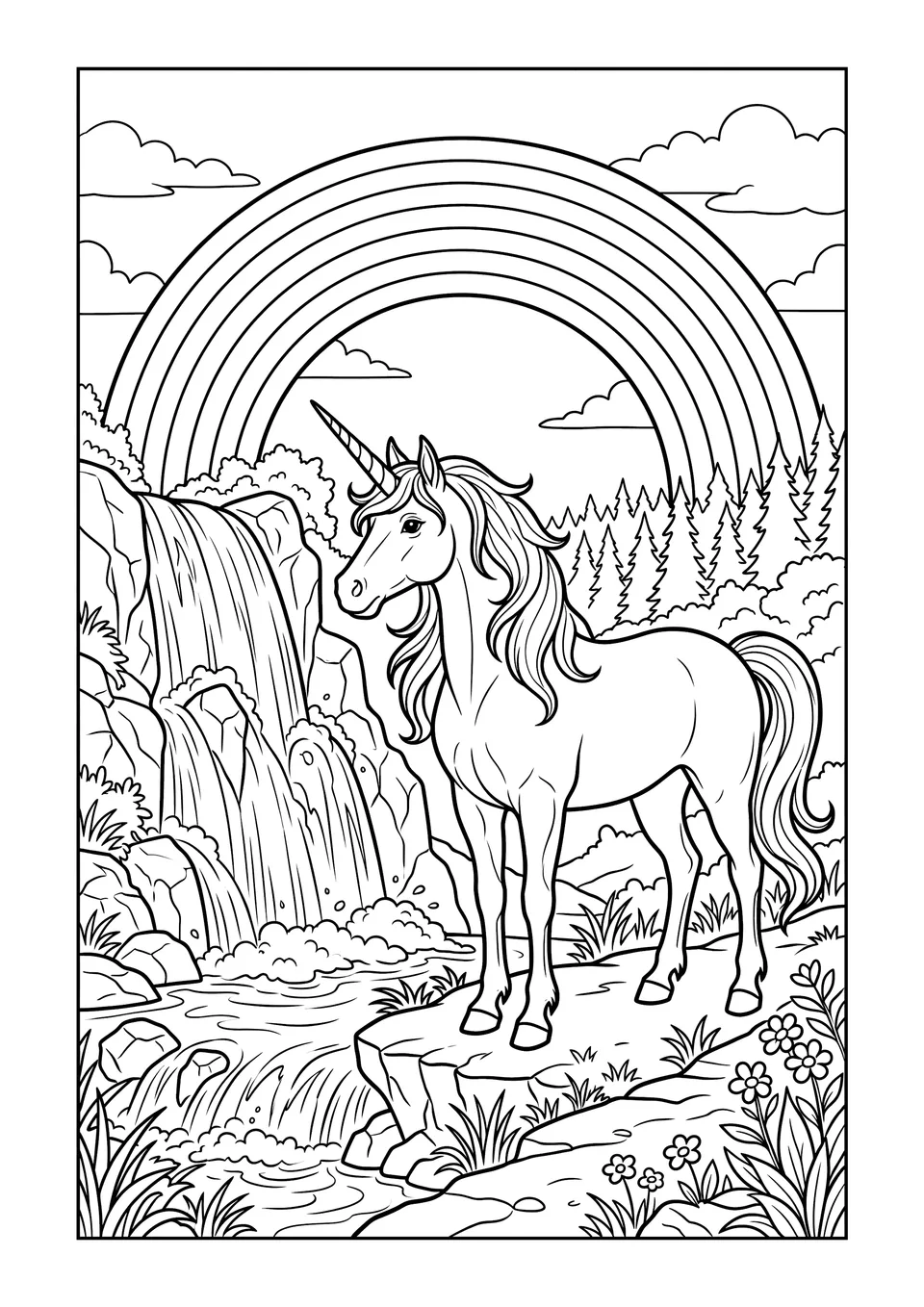 A printable line art coloring page of a majestic unicorn standing in front of a large rainbow and a waterfall.
