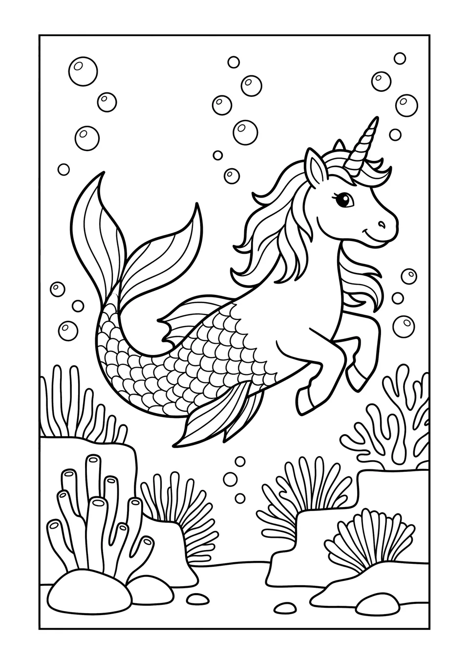 Desenho para colorir em traço preto e branco de um majestoso unicórnio-sereia nadando por um recife de corais com seu chifre mágico brilhando.
