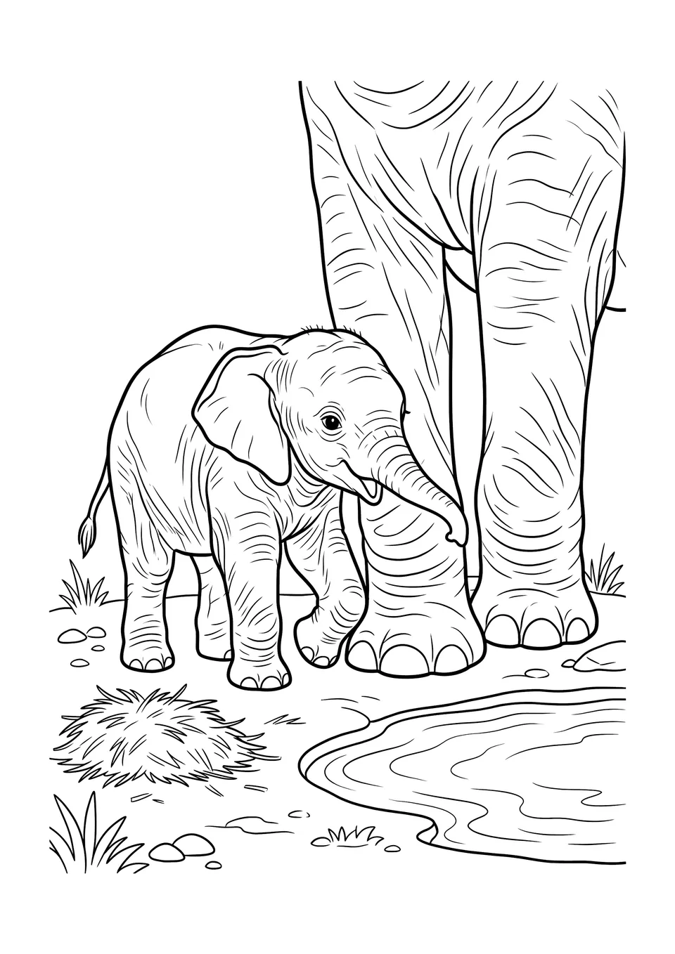 A simple black and white line art illustration of a baby elephant and its mother in a zoo enclosure with a small pool.