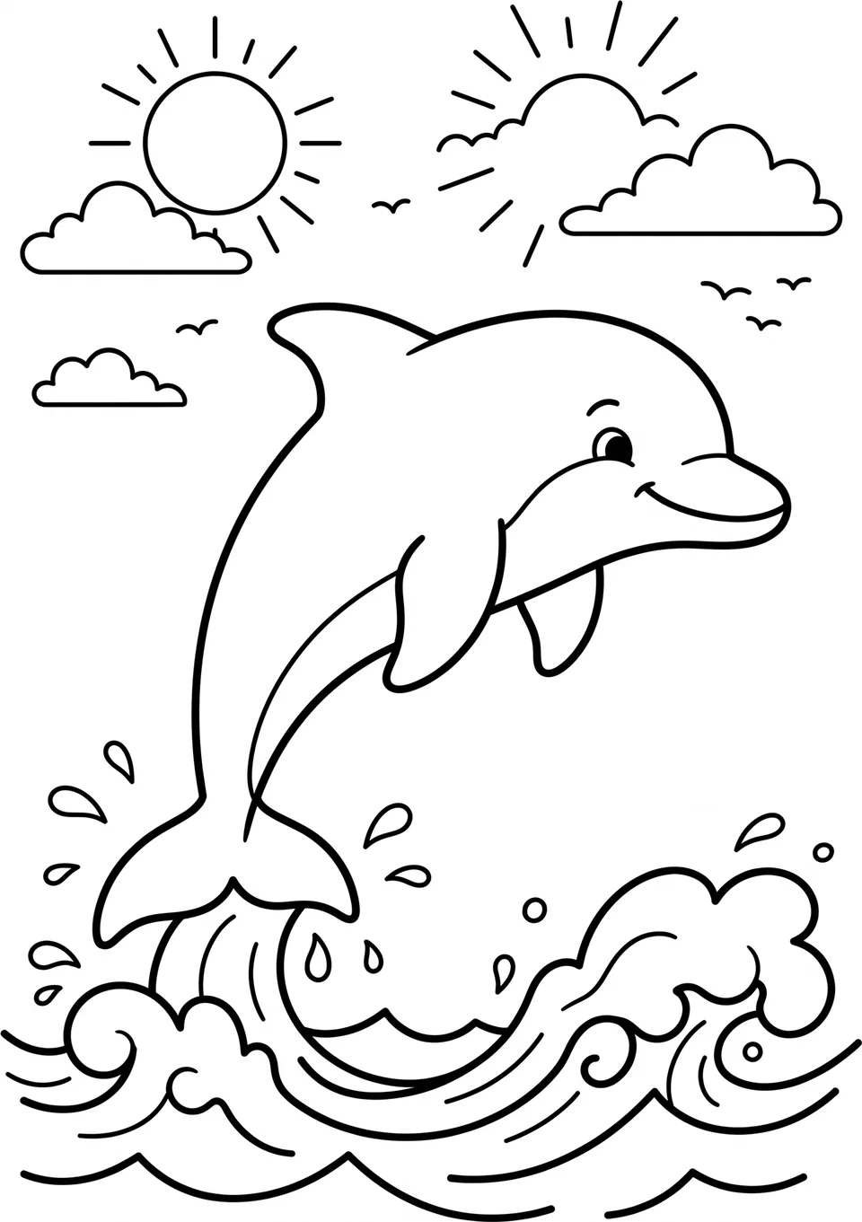 A black and white line art drawing of a happy dolphin jumping above ocean waves, perfect for children to color.