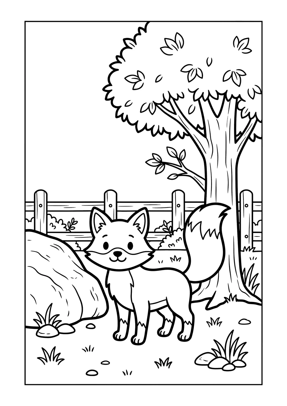 Simple black and white line art of a cute fox standing in a zoo enclosure with a rock and a tree.