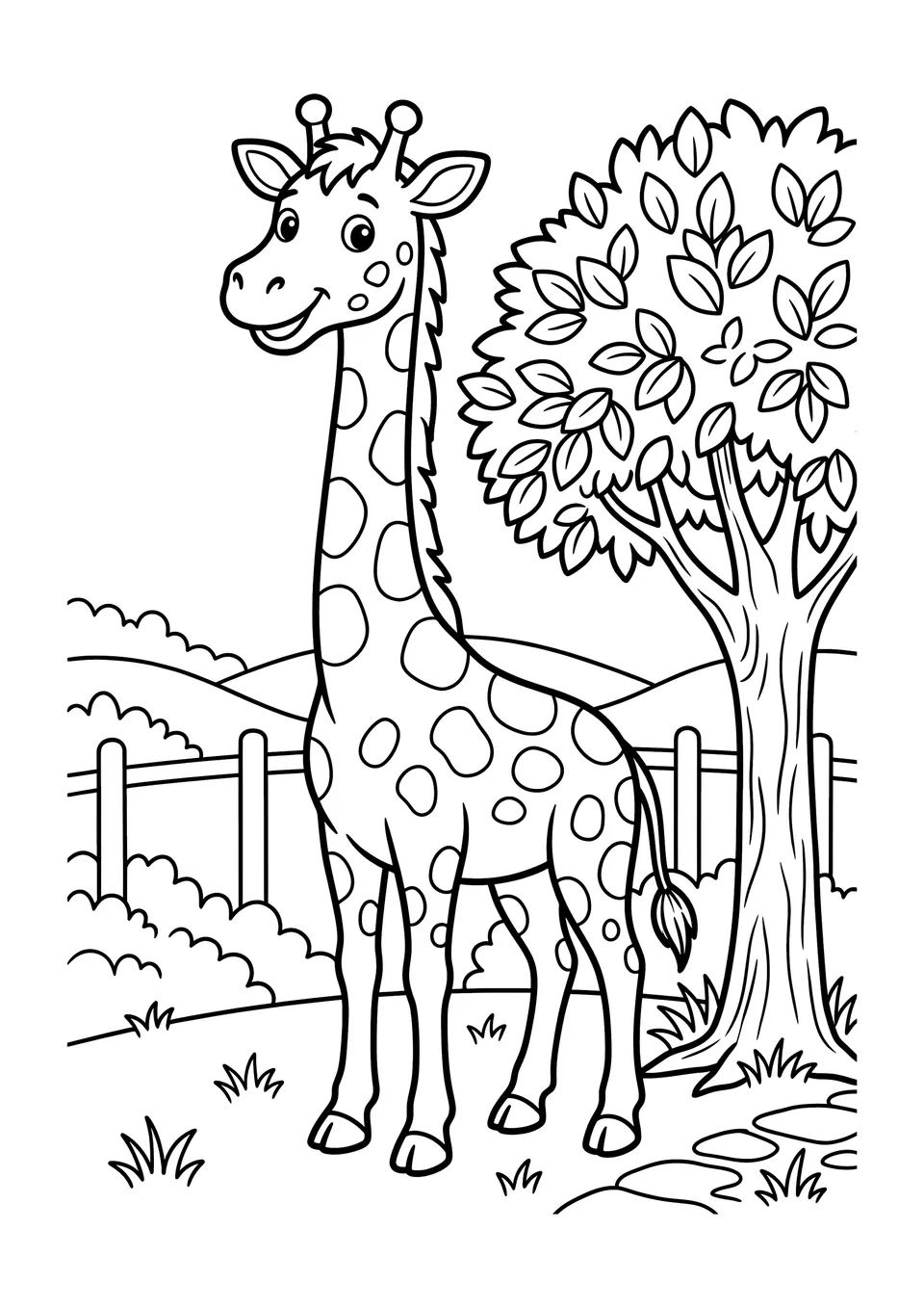 A simple black and white line art drawing of a friendly giraffe with spots standing near a tree in a zoo enclosure.