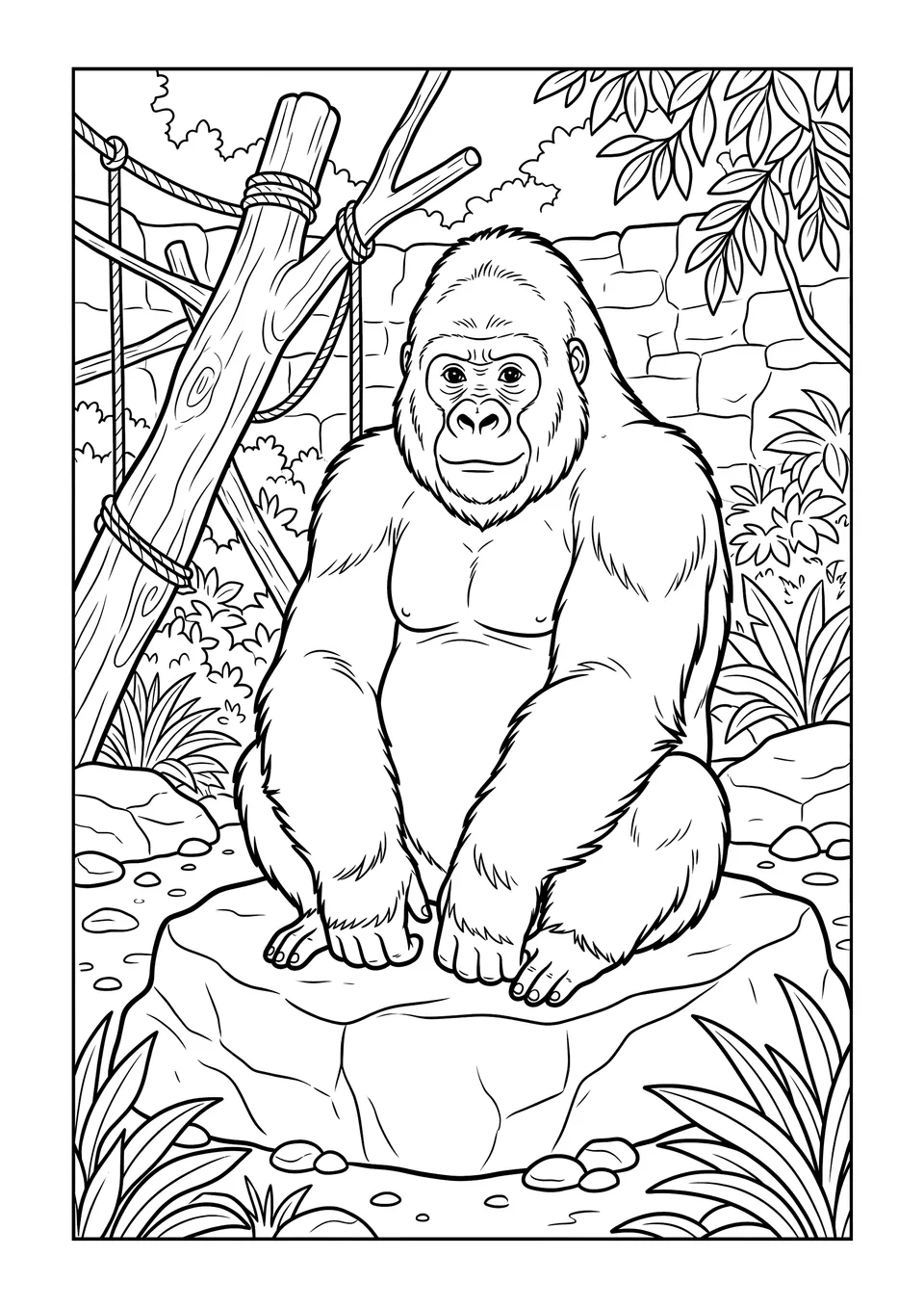 A black and white line art coloring page of a gorilla sitting in a zoo enclosure with rocks and climbing structures.