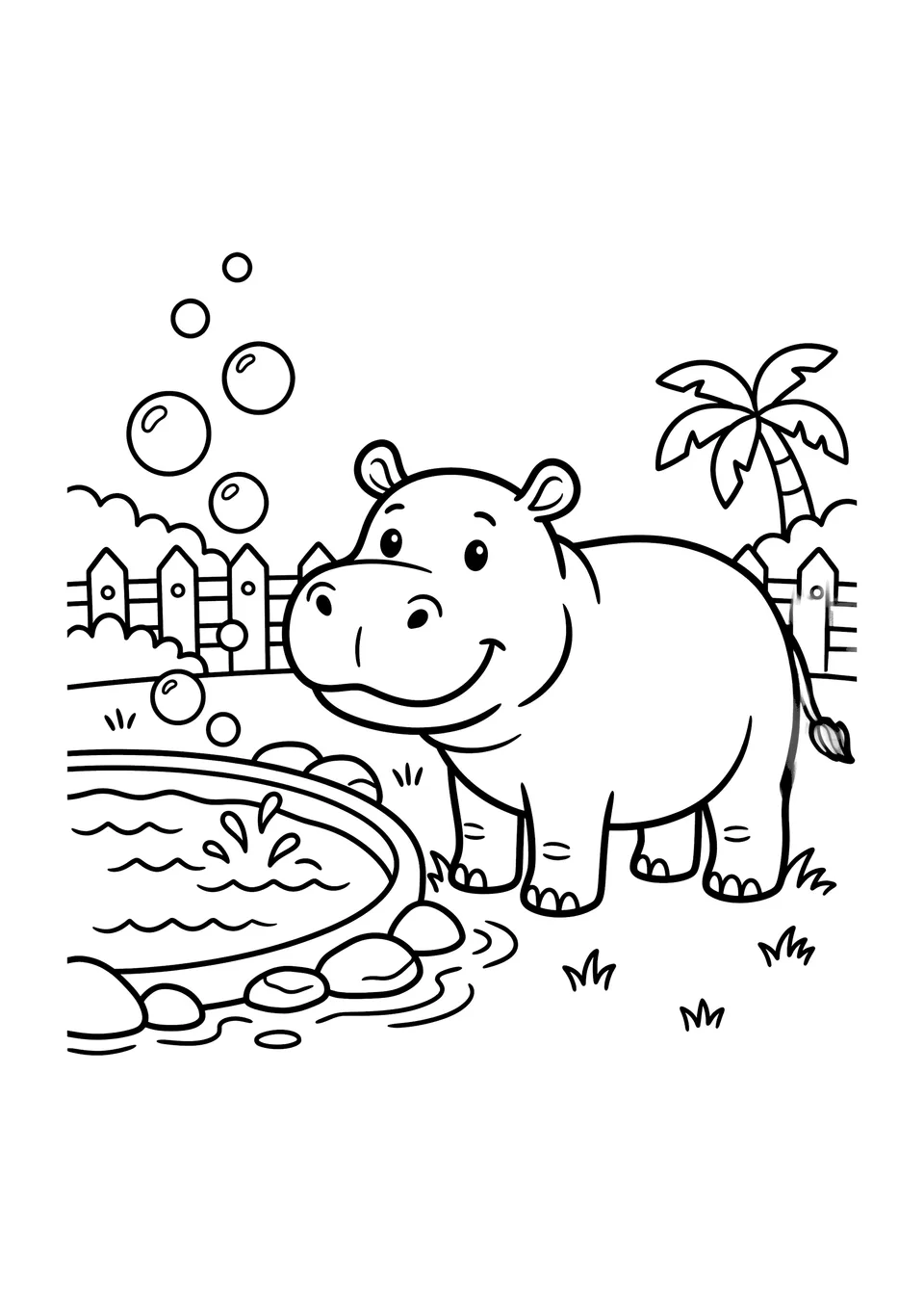 A black and white line art coloring page of a friendly hippo standing near a pool of water at the zoo.