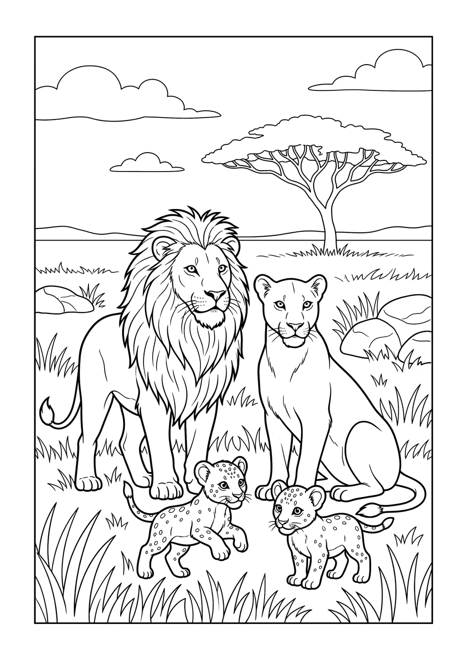 Ilustração detalhada em preto e branco de um leão macho com juba, uma leoa e dois filhotes na savana africana, com uma acácia ao fundo.
