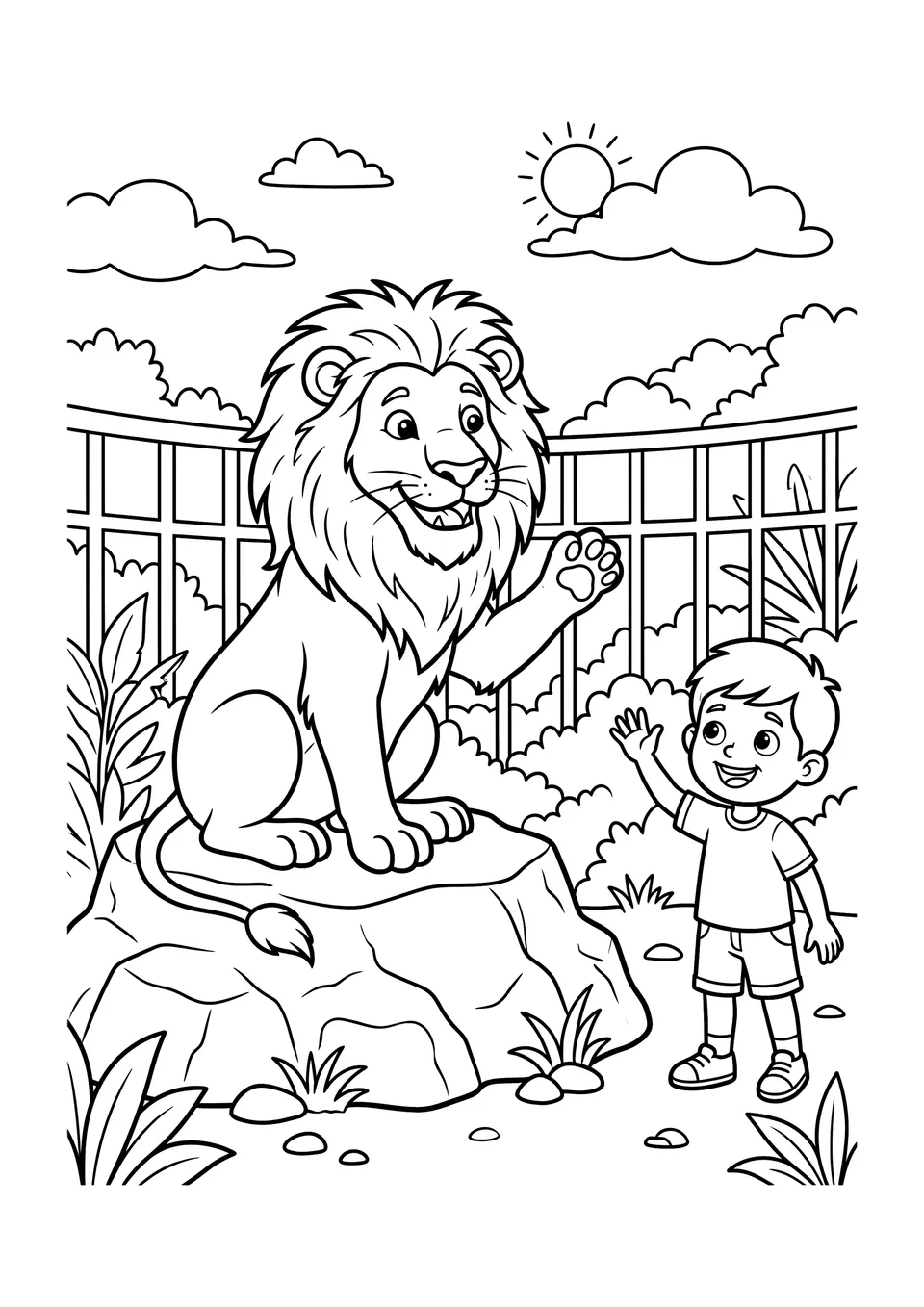 Desenho em preto e branco para colorir de um leão com uma grande juba sentado em uma pedra no zoológico enquanto um menino acena.