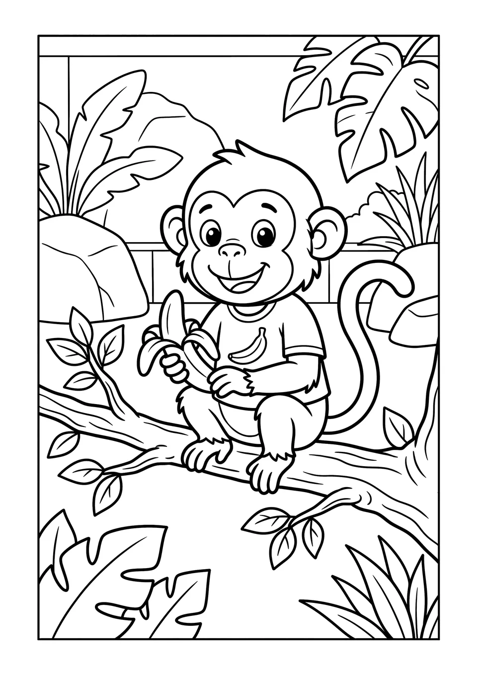 A simple black-and-white line drawing of a monkey sitting on a branch holding a banana, suitable for a child's coloring activity.