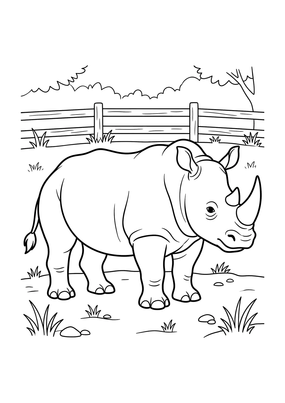 Um desenho simples em preto e branco para colorir com traços de um rinoceronte em seu espaço no zoológico, com grama e cerca.