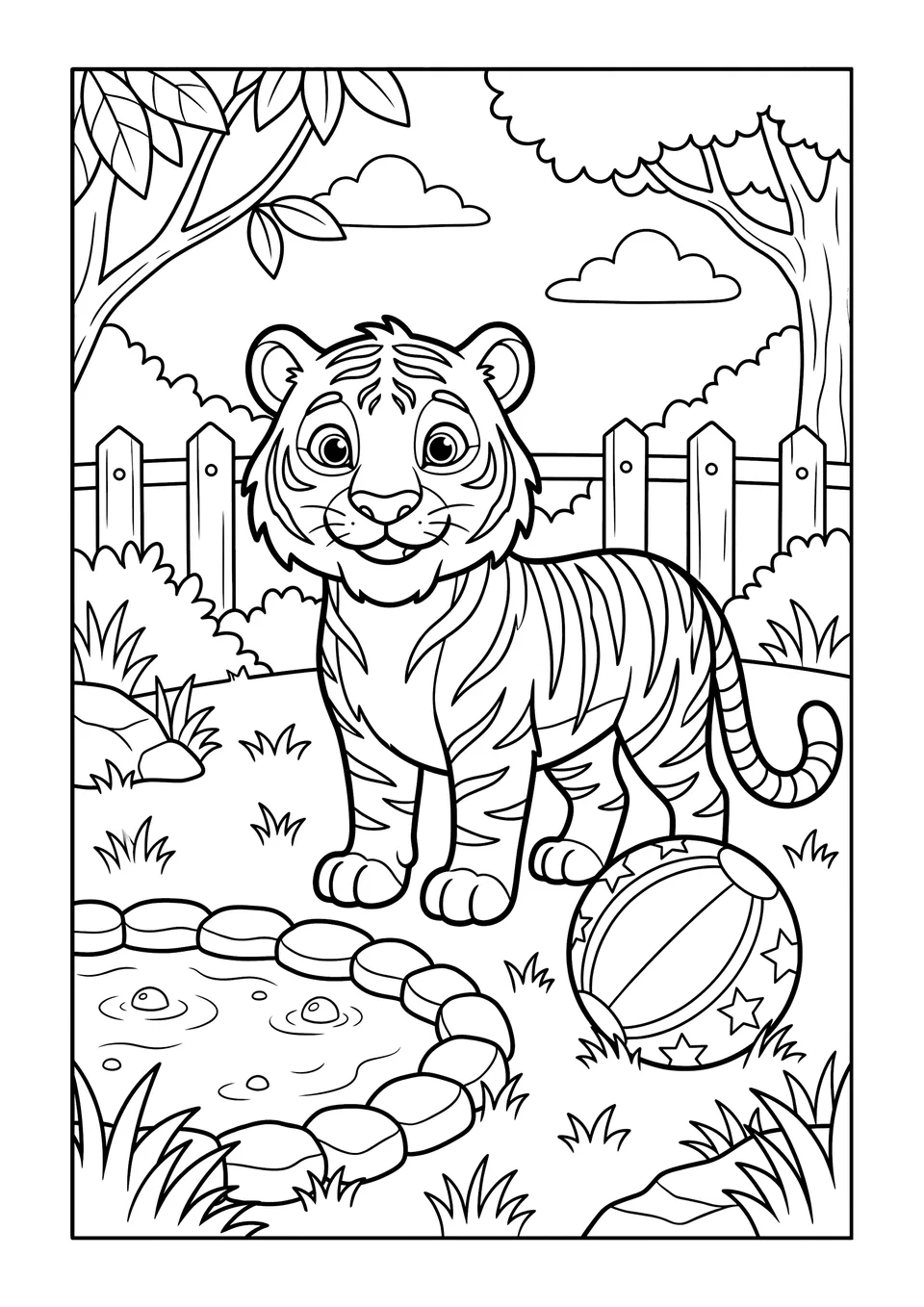 Um desenho simples em preto e branco para colorir de um tigre feliz em pé no zoológico ao lado de uma bola e de uma piscina.