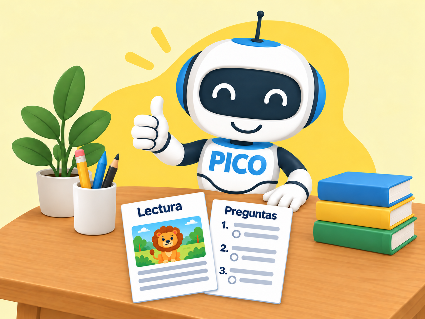 Pico en el escritorio de un docente con fichas imprimibles de lectura y preguntas