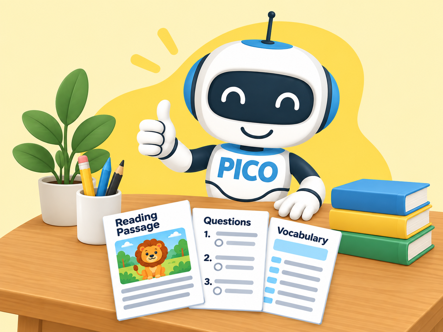 Pico at a teacher desk with printable reading, question and vocabulary worksheets